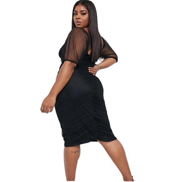 ASOS DESIGN | Dobby Mesh, Puffy Sleeve, Faux Wrap, Dress in Black - Picture 13 of 13